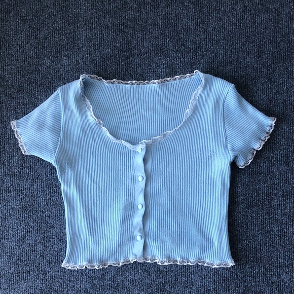 Tops - Light Blue Ribbed Button-Up Top